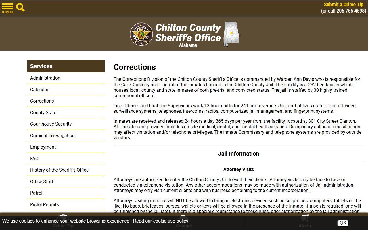 Chilton County Sheriff's Office corrections page with jail operation details