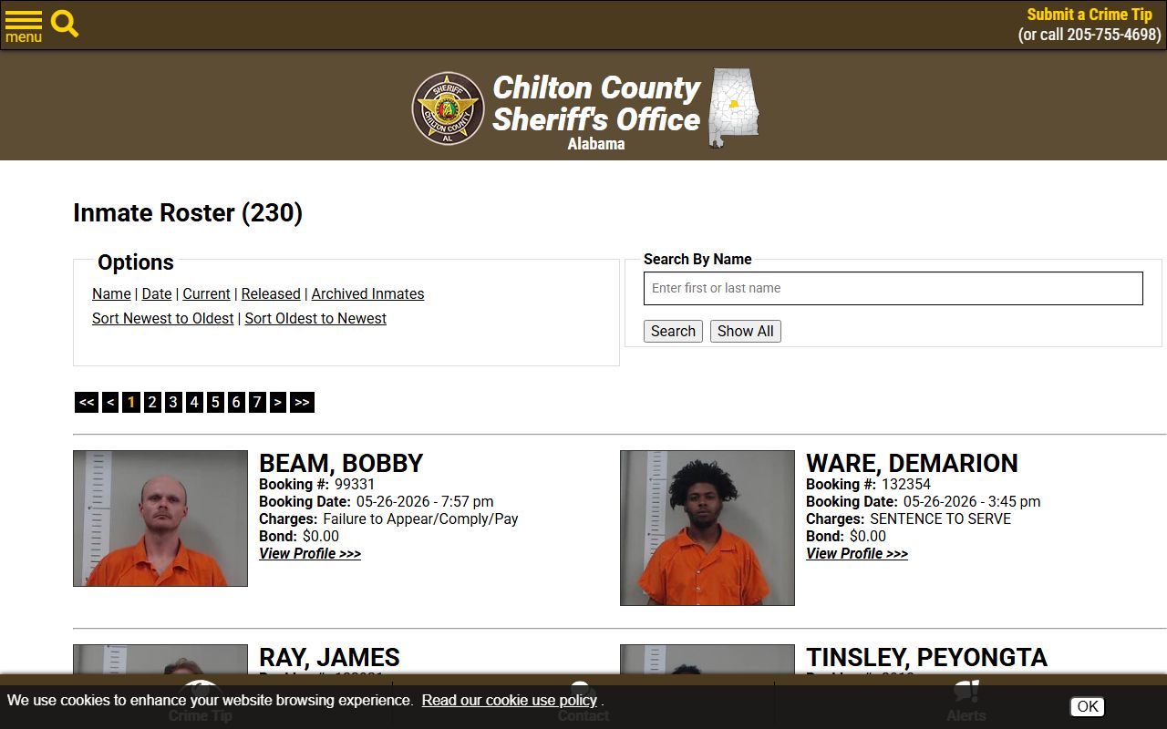 Chilton County current inmate roster with search controls and booking entries